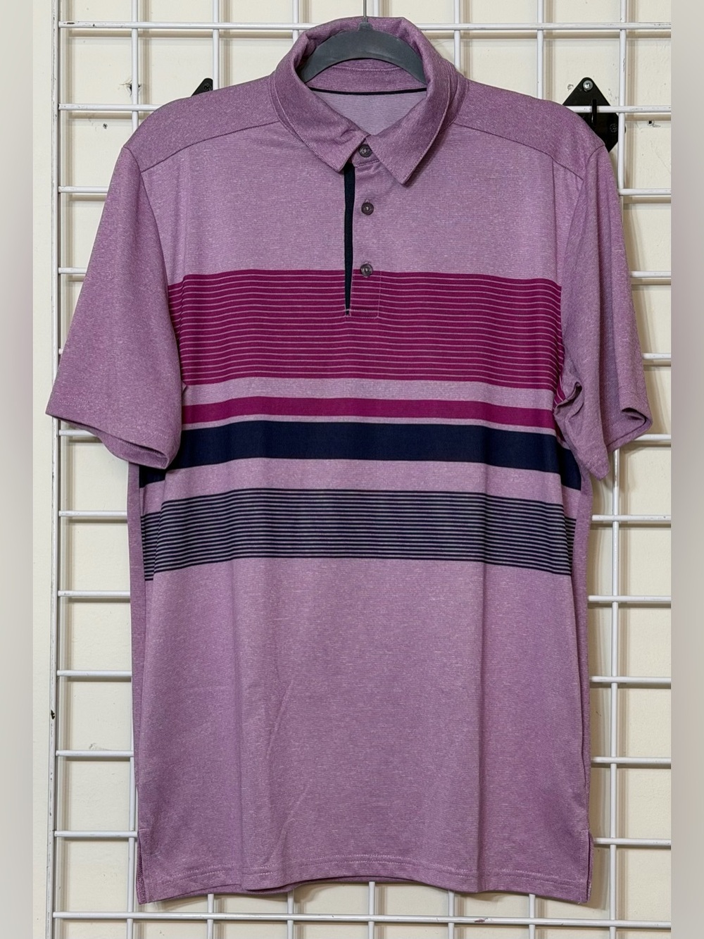 Skechers Lavender Polo with Burgundy and Navy Stripe Accents Size Medium